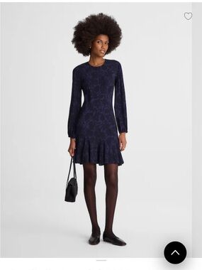 Madewell Navy Floral Jacquard Long-Sleeve Pleated Dress
